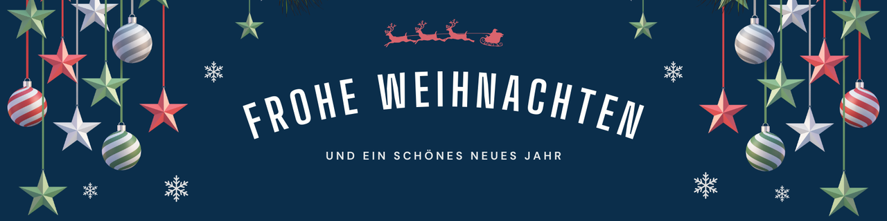 Dunkelblauer Banner mit roten, grünen und weißen Kugeln, Sternen und weißem Schriftzug „Frohe Weihnachten“ und „ein schönes neues Jahr“.