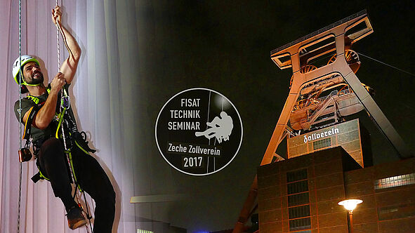 FISAT Technikseminar 2017 Zeche Zollverein: Industrieklettern/Seilzugangstechnik am Seil vor dem Zollverein-Fördergerüst.