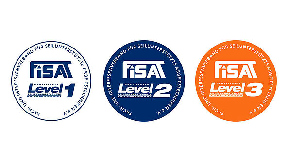 FISAT Zertifikat Level 1, Level 2 und Level 3 – Qualifikationsstufen für Seilzugangstechnik (Rope Access) im Arbeitsschutz.