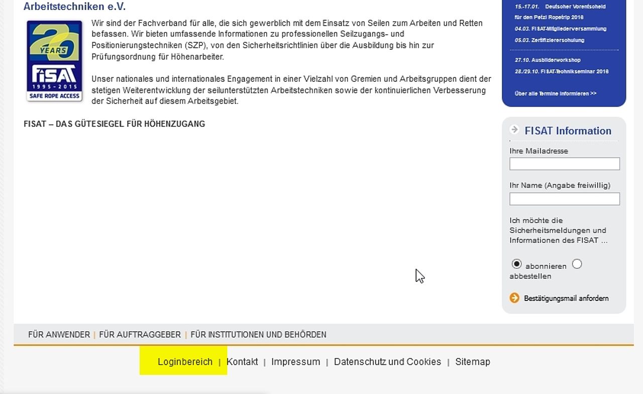 FISAT Website: Link „Loginbereich“ im Footer – Zugang zum Mitgliederbereich, Forum und Schwarzes Brett.