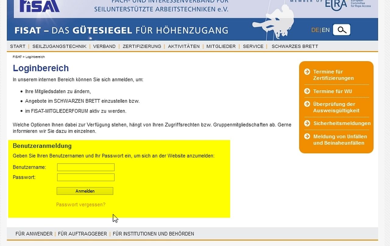 FISAT Loginbereich: Benutzername und Passwort eingeben – Anmeldung zum internen Mitgliederbereich und Services.