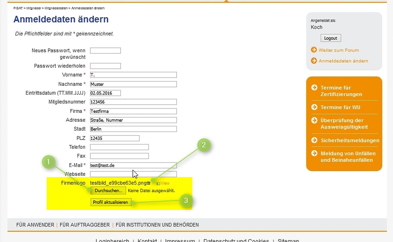 FISAT Mitgliederbereich: Menü „Anmeldedaten ändern“ – Zugang zu Profil, Terminen und Sicherheitsmeldungen.